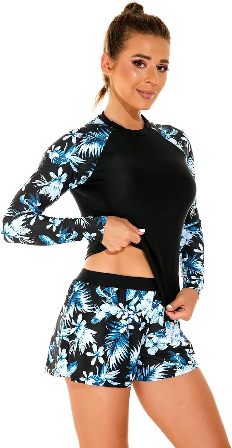 Womens Rash Guards Long Sleeve Swim Shirt Crop Top Shorts Two Piece Swimsuits UV Protection UPF 50 Bathing Suit