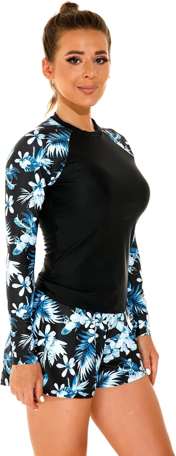 Womens Rash Guards Long Sleeve Swim Shirt Crop Top Shorts Two Piece Swimsuits UV Protection UPF 50 Bathing Suit