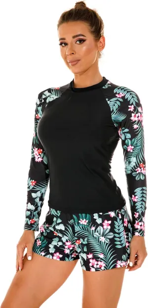 Womens Rash Guards Long Sleeve Swim Shirt Crop Top Shorts Two Piece Swimsuits UV Protection UPF 50 Bathing Suit