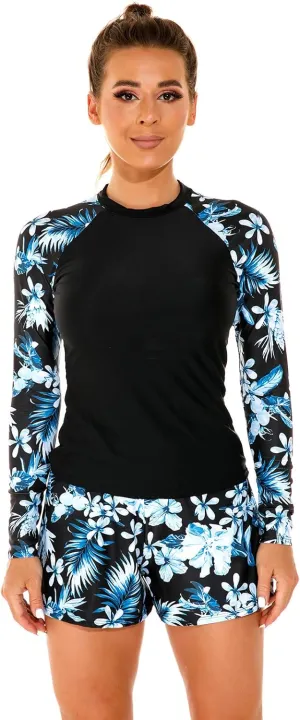 Womens Rash Guards Long Sleeve Swim Shirt Crop Top Shorts Two Piece Swimsuits UV Protection UPF 50 Bathing Suit