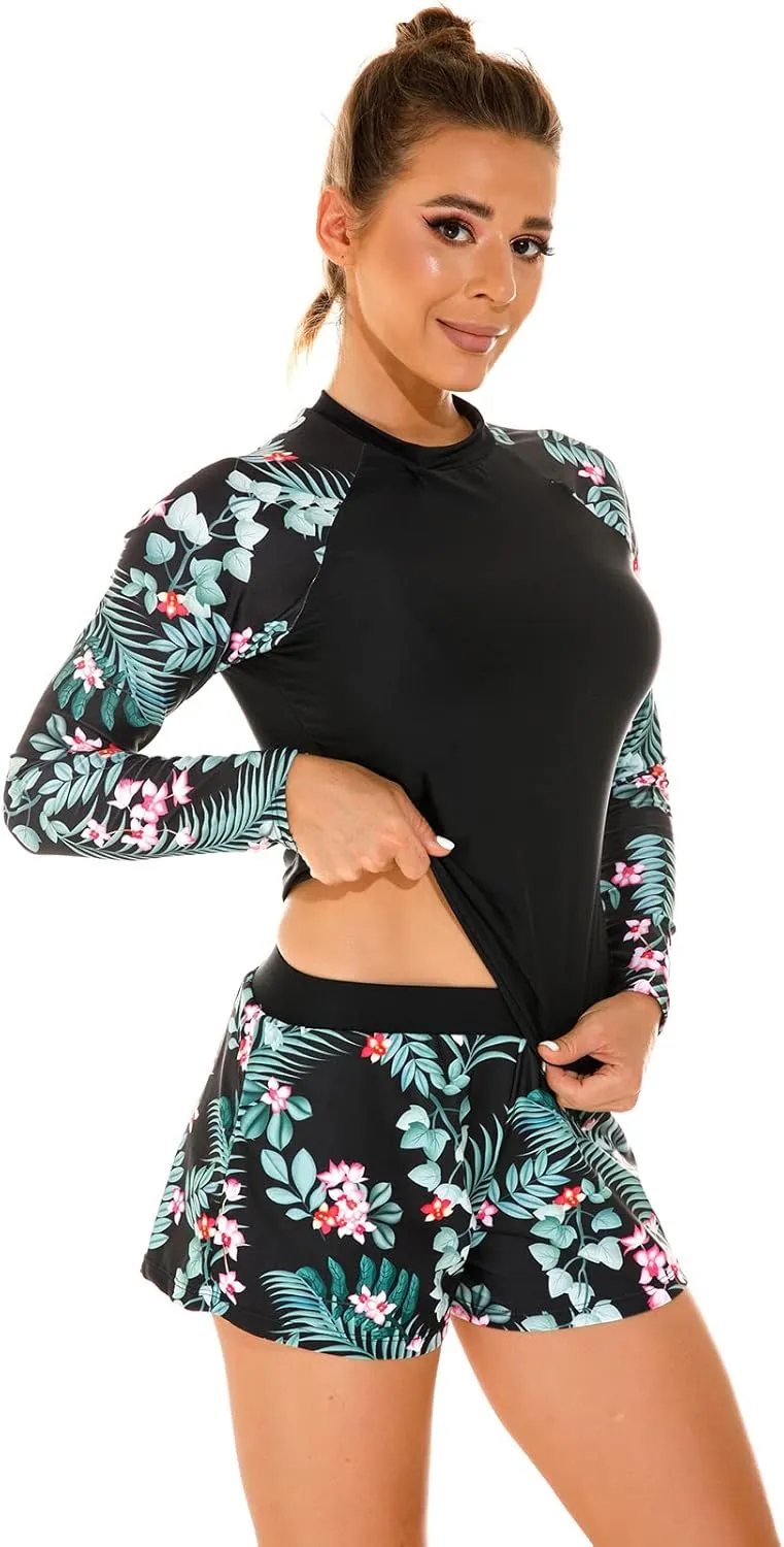 Womens Rash Guards Long Sleeve Swim Shirt Crop Top Shorts Two Piece Swimsuits UV Protection UPF 50 Bathing Suit
