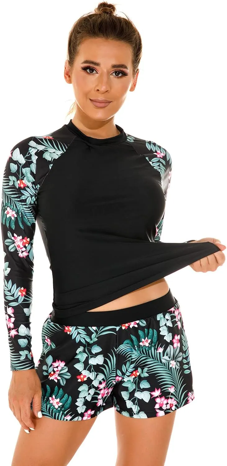 Womens Rash Guards Long Sleeve Swim Shirt Crop Top Shorts Two Piece Swimsuits UV Protection UPF 50 Bathing Suit