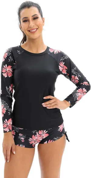 Womens Rash Guards Long Sleeve Swim Shirt Crop Top Shorts Two Piece Swimsuits UV Protection UPF 50 Bathing Suit