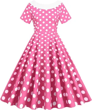 Womens Retro Polka Dot Crewneck Short Sleeve Hepburn Style Dresses 1950s Vintage Tea Party A-Line Swing Dress