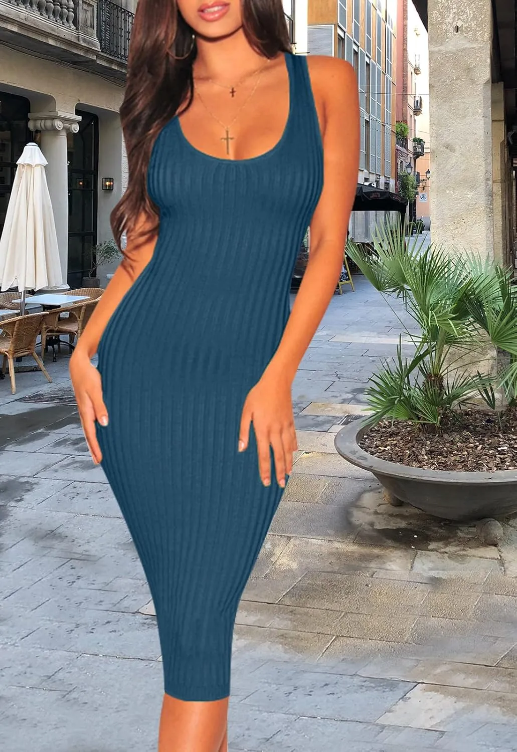 Women's Sexy Bodycon Tank Dresses Sleeveless Ribbed Knit Midi Club Dresses