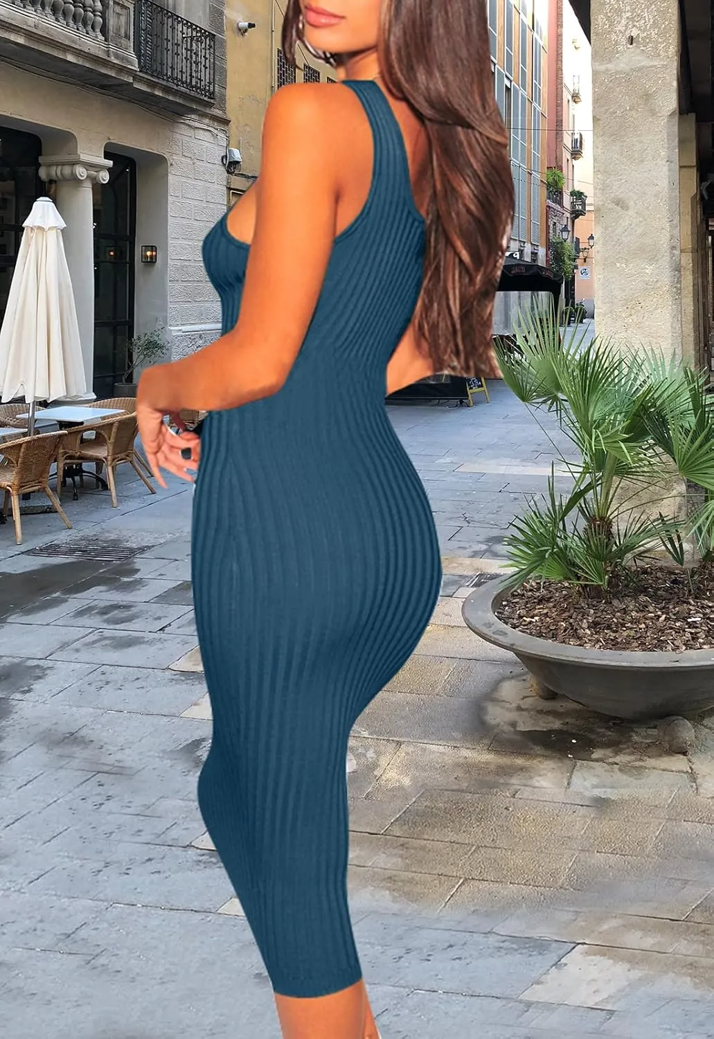 Women's Sexy Bodycon Tank Dresses Sleeveless Ribbed Knit Midi Club Dresses