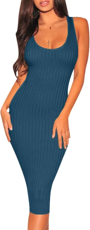 Women's Sexy Bodycon Tank Dresses Sleeveless Ribbed Knit Midi Club Dresses