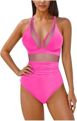 Women's Sexy Mesh One Piece Swimsuit Deep V Neck High Waisted Tummy Control Bathing Suits Push Up Backless Swimwear