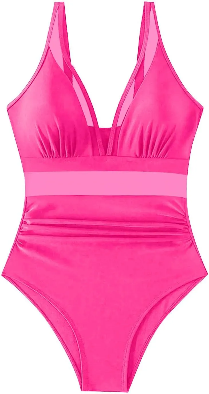 Women's Sexy Mesh One Piece Swimsuit Deep V Neck High Waisted Tummy Control Bathing Suits Push Up Backless Swimwear