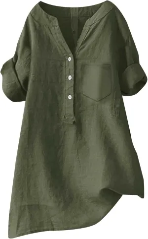 Women's Short Sleeve Linen Shirt Casual Crewneck Dress T Shirt Bohemian Embroidery Loose Summer Tee Shirt