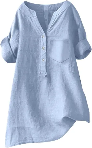 Women's Short Sleeve Linen Shirt Casual Crewneck Dress T Shirt Bohemian Embroidery Loose Summer Tee Shirt