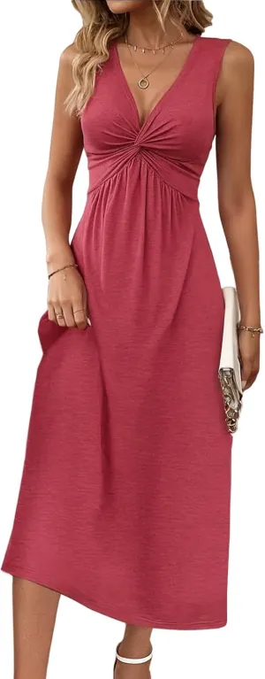 Womens Sleeveless Dress Sexy V Neck Knotted Front Maxi Dresses Summer A Line Casual Sundress Beach Vacation Outfits