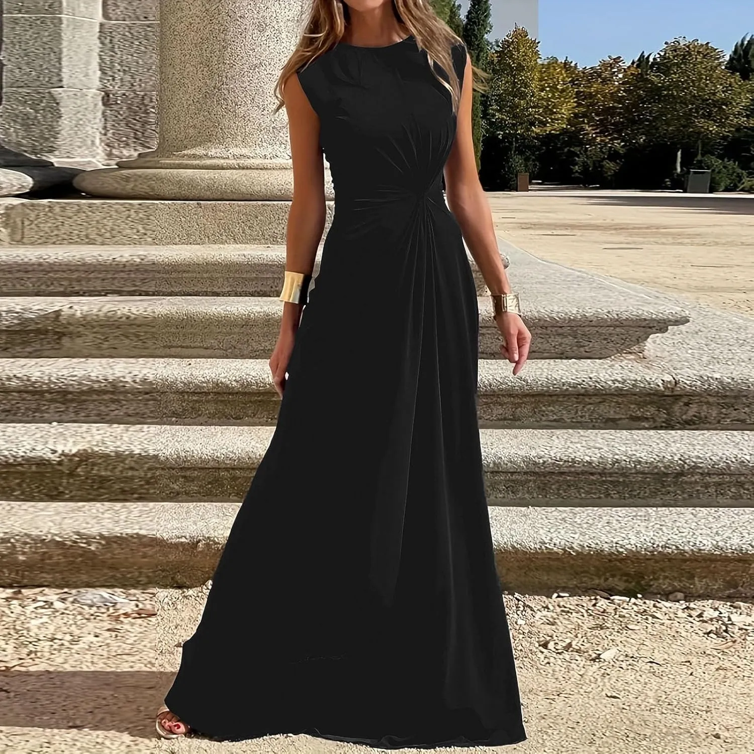 Womens Solid Round Neck Long Sleeved Patchwork Long Skirt Is Fashionable and Comfortable Casual Fall Dress