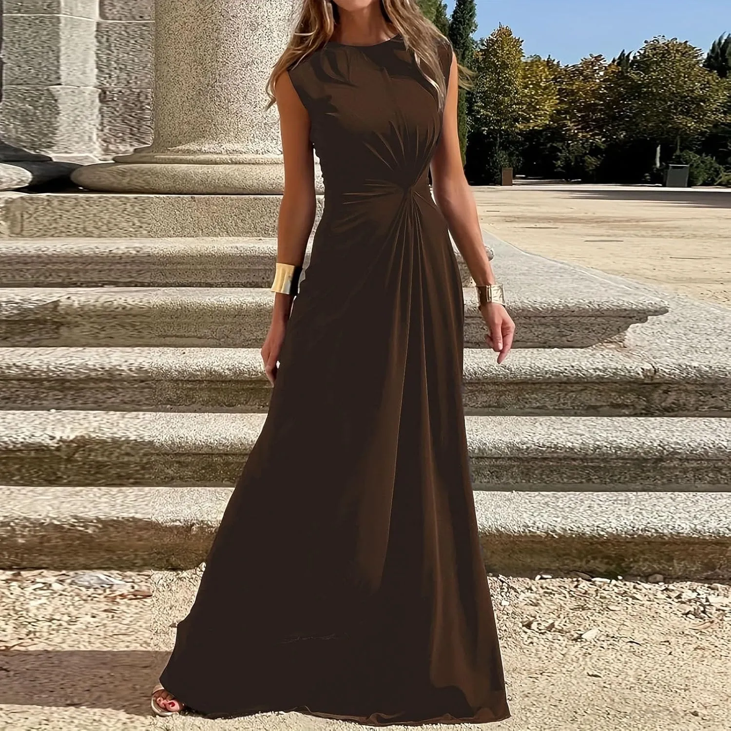 Womens Solid Round Neck Long Sleeved Patchwork Long Skirt Is Fashionable and Comfortable Casual Fall Dress