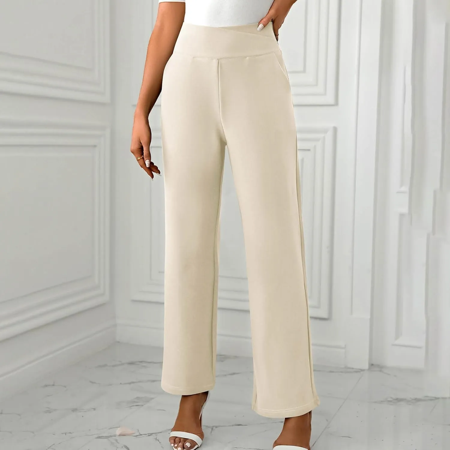Women's Straight Leg Pants Casual Cotton Trousers High Waisted Yoga Pants Solid Color Palazzo Pant Office Work
