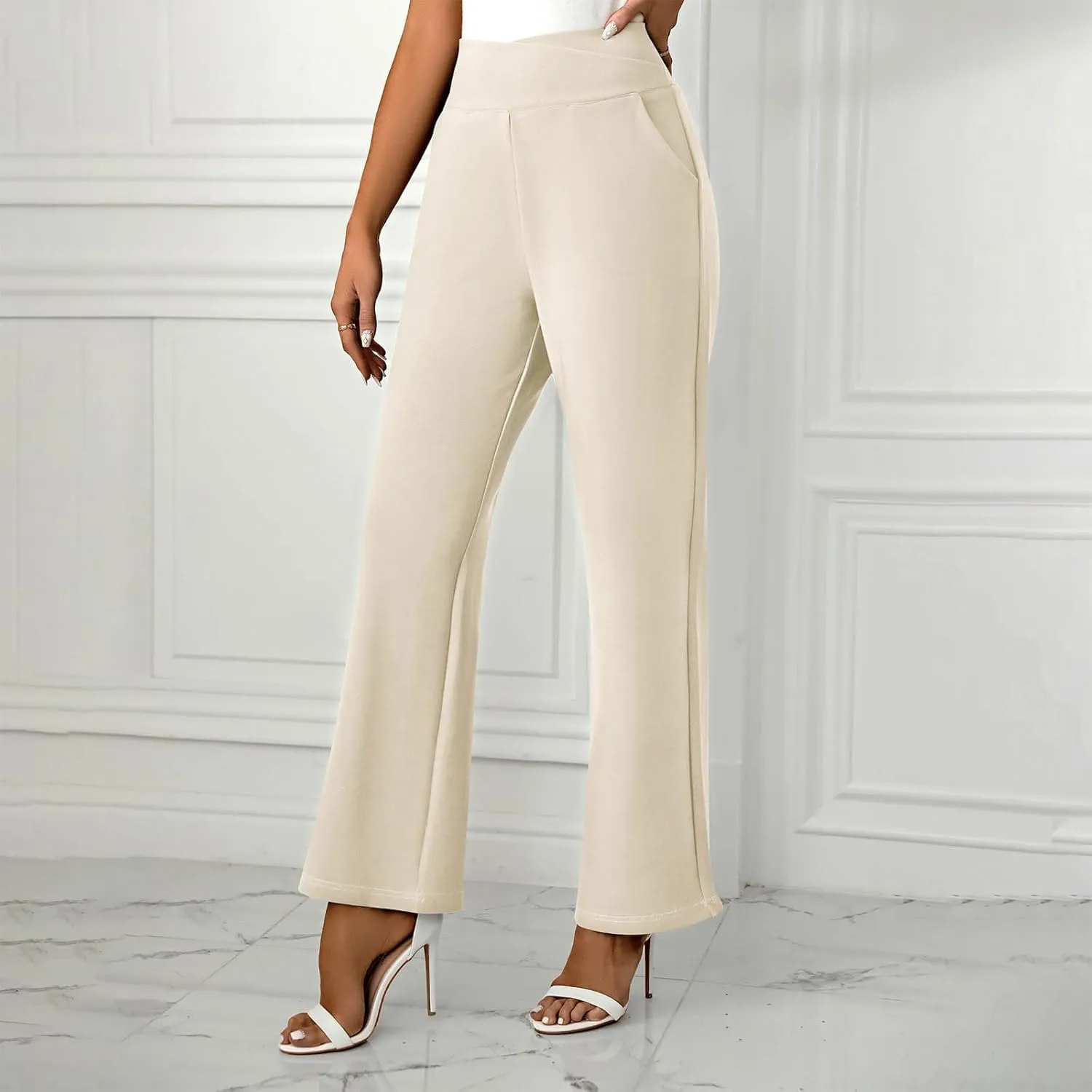 Women's Straight Leg Pants Casual Cotton Trousers High Waisted Yoga Pants Solid Color Palazzo Pant Office Work