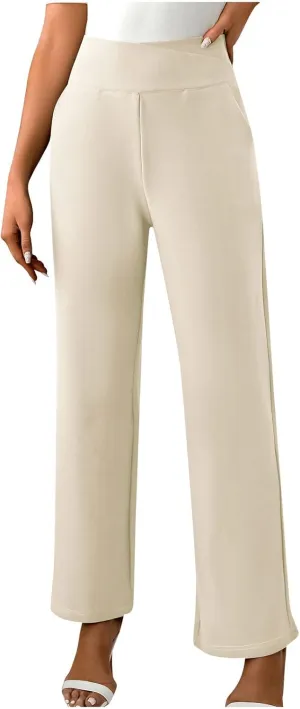 Women's Straight Leg Pants Casual Cotton Trousers High Waisted Yoga Pants Solid Color Palazzo Pant Office Work