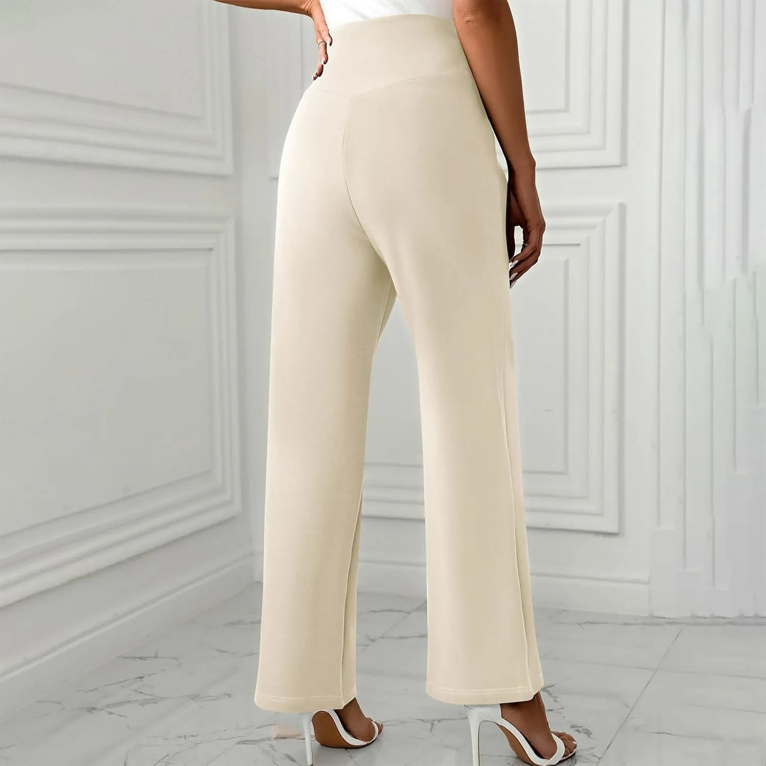 Women's Straight Leg Pants Casual Cotton Trousers High Waisted Yoga Pants Solid Color Palazzo Pant Office Work