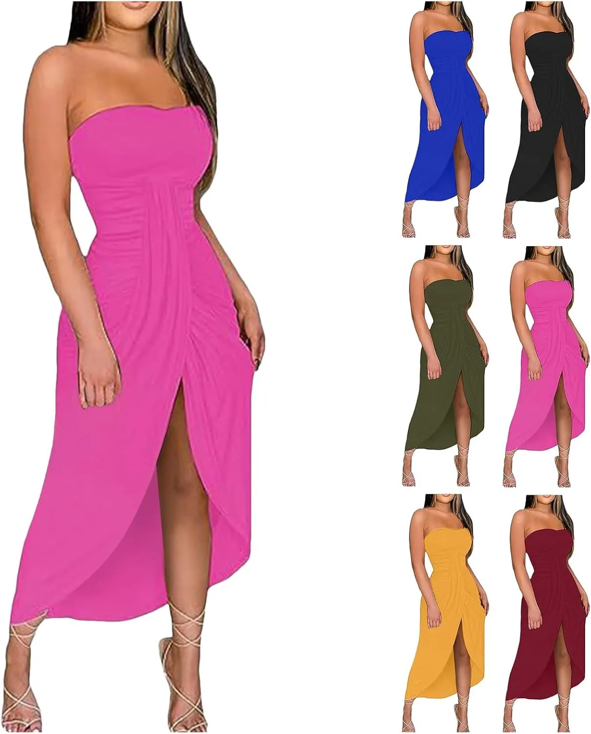 Women's Strapless Bodycon Tube Dress Sexy Off Shoulder Irregular Ruffle Backless Party Midi Dresses