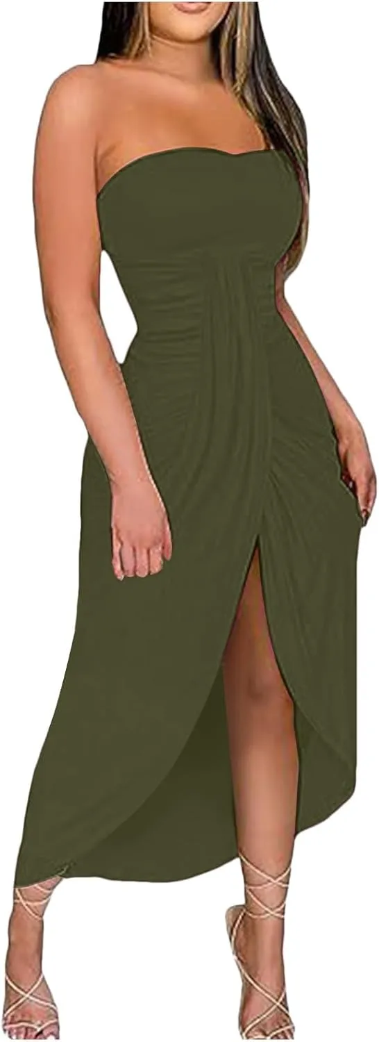 Women's Strapless Bodycon Tube Dress Sexy Off Shoulder Irregular Ruffle Backless Party Midi Dresses