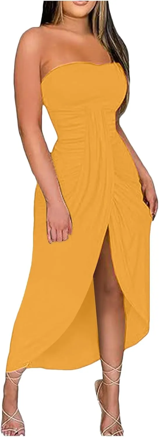 Women's Strapless Bodycon Tube Dress Sexy Off Shoulder Irregular Ruffle Backless Party Midi Dresses
