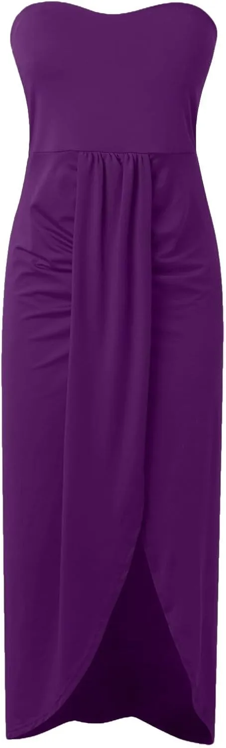 Women's Strapless Ruched High Waist Wrap Split Asymmetrical Solid Color Beach Maxi Long Dresses