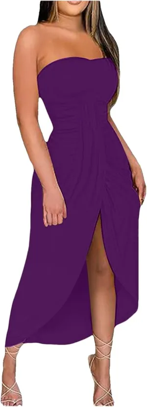 Women's Strapless Ruched High Waist Wrap Split Asymmetrical Solid Color Beach Maxi Long Dresses