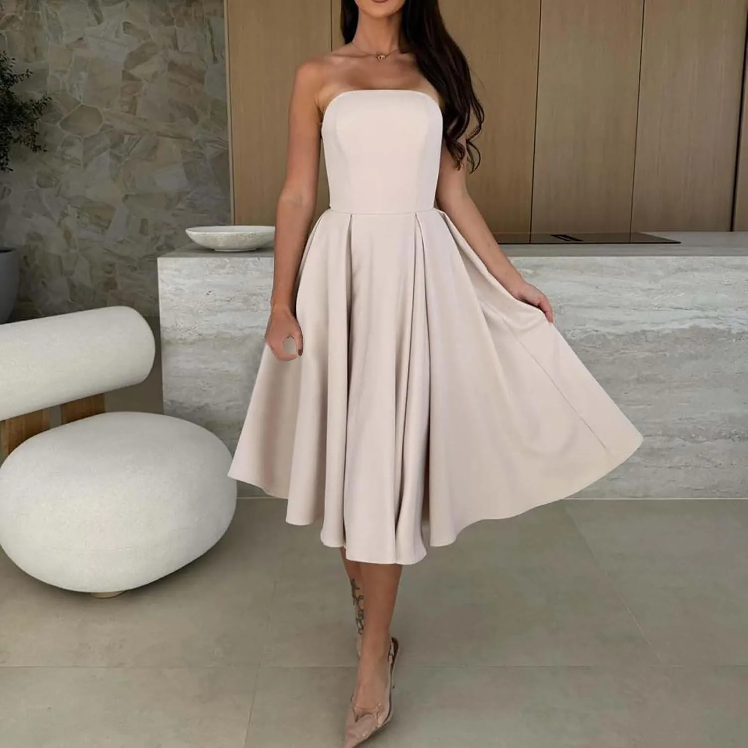 Women's Strapless Sleeveless Midi Tube Dress Elegant Casual A-Line Swing Pleated Cocktail Party Wedding Guest Dresses