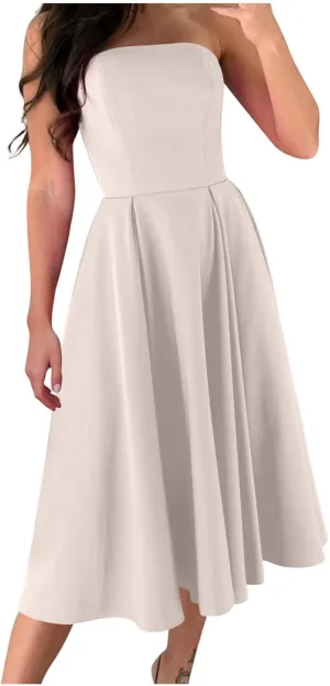 Women's Strapless Sleeveless Midi Tube Dress Elegant Casual A-Line Swing Pleated Cocktail Party Wedding Guest Dresses