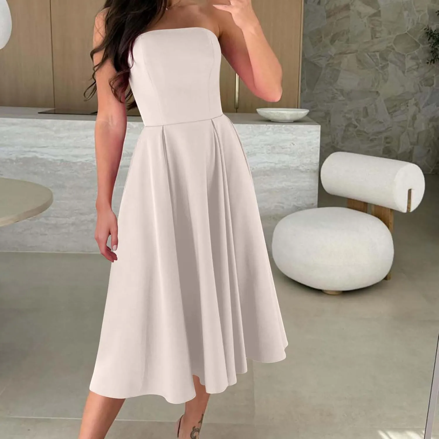 Women's Strapless Sleeveless Midi Tube Dress Elegant Casual A-Line Swing Pleated Cocktail Party Wedding Guest Dresses