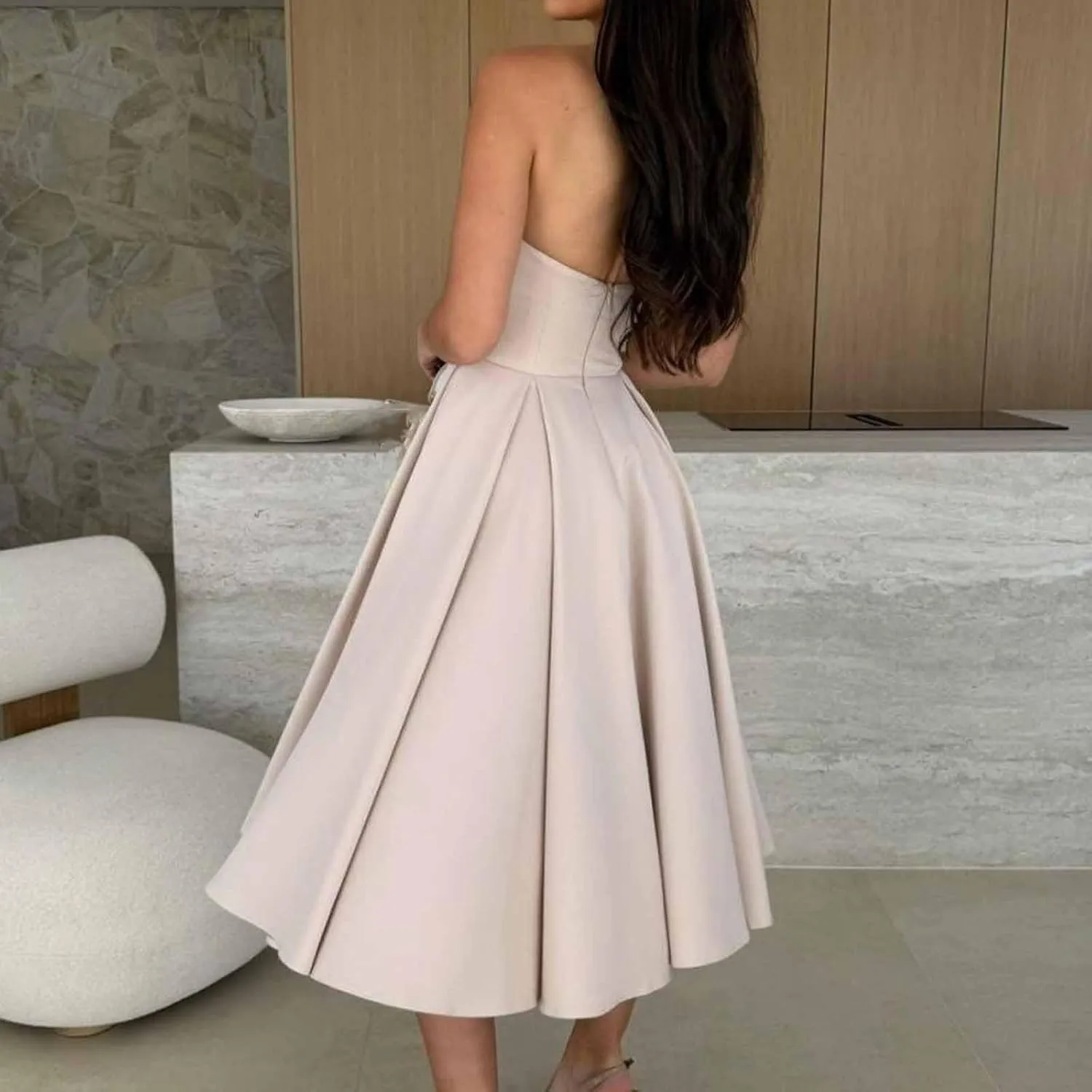 Women's Strapless Sleeveless Midi Tube Dress Elegant Casual A-Line Swing Pleated Cocktail Party Wedding Guest Dresses
