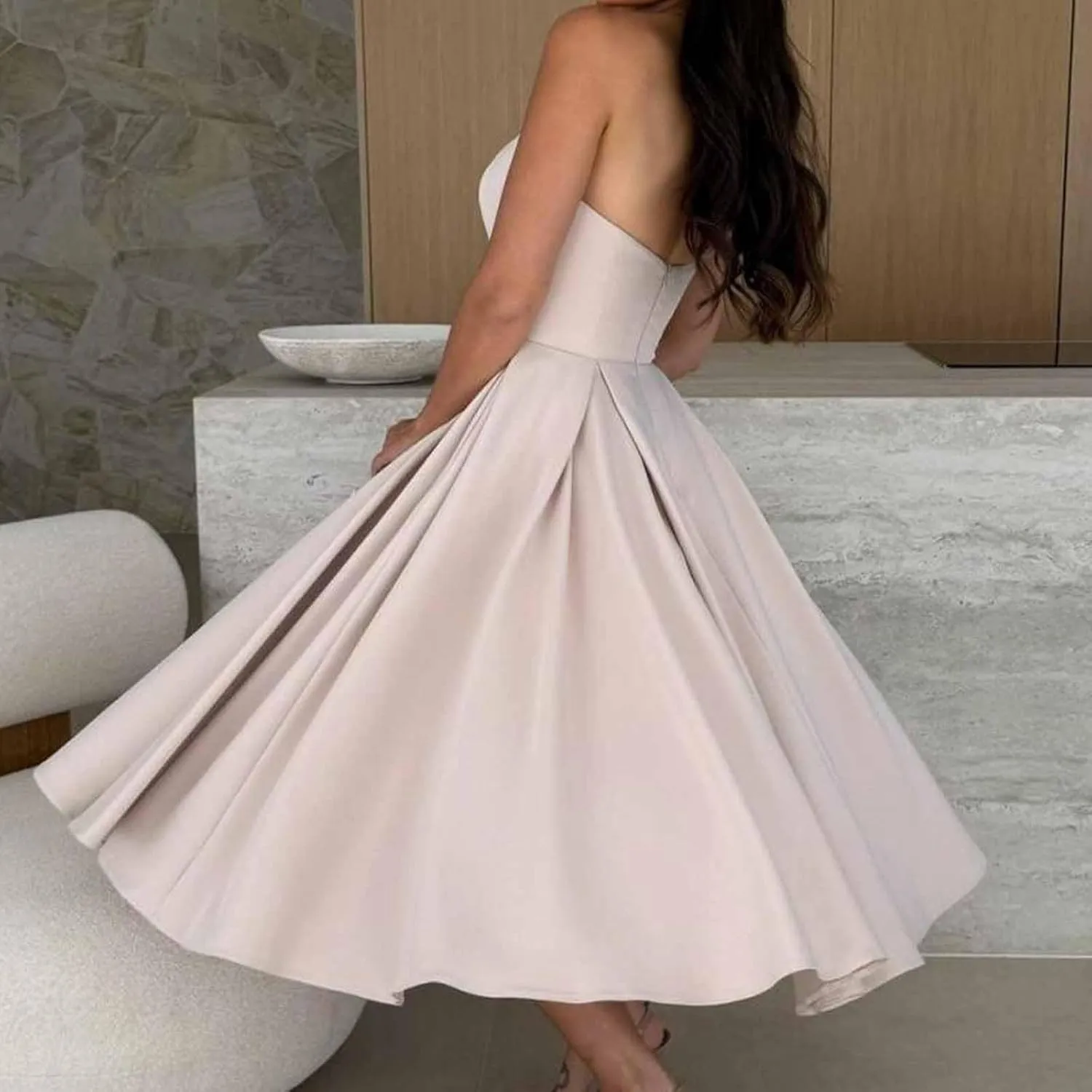Women's Strapless Sleeveless Midi Tube Dress Elegant Casual A-Line Swing Pleated Cocktail Party Wedding Guest Dresses