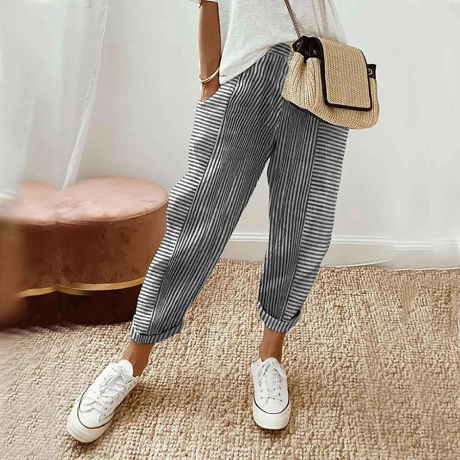 Women's Striped Patchwork Casual Pants Trendy Elastic Waist Straight-Leg Summer Pants Lightweight Comfy Loose Trousers