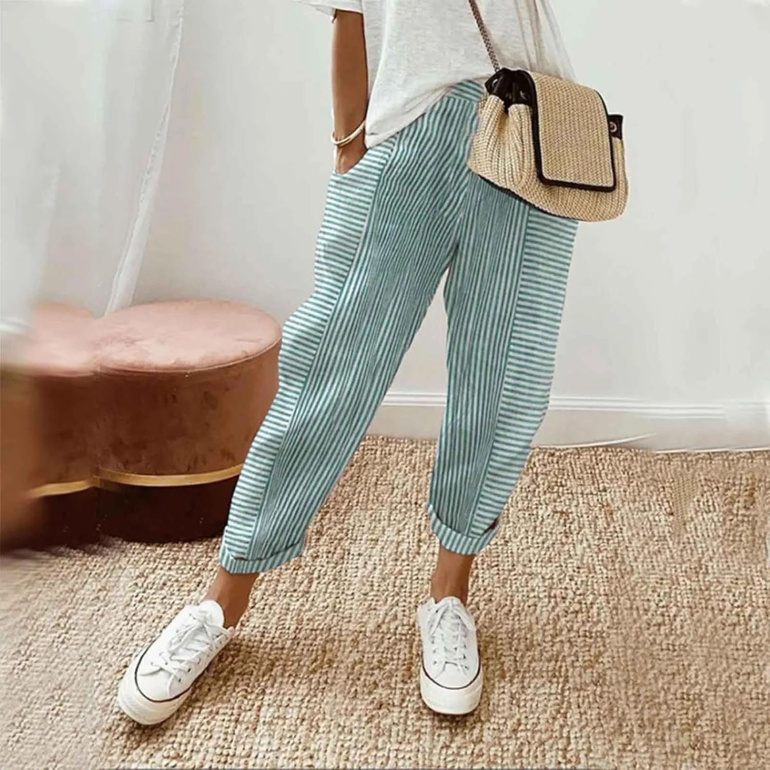 Women's Striped Patchwork Casual Pants Trendy Elastic Waist Straight-Leg Summer Pants Lightweight Comfy Loose Trousers