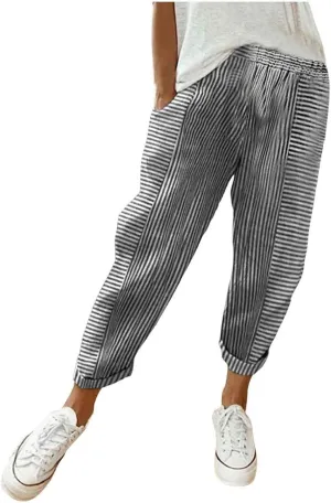 Women's Striped Patchwork Casual Pants Trendy Elastic Waist Straight-Leg Summer Pants Lightweight Comfy Loose Trousers