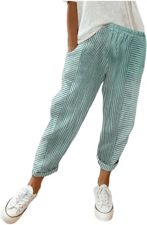 Women's Striped Patchwork Casual Pants Trendy Elastic Waist Straight-Leg Summer Pants Lightweight Comfy Loose Trousers