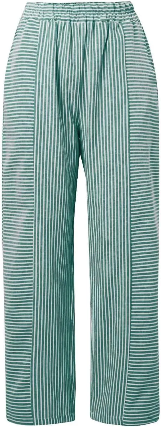 Women's Striped Patchwork Casual Pants Trendy Elastic Waist Straight-Leg Summer Pants Lightweight Comfy Loose Trousers