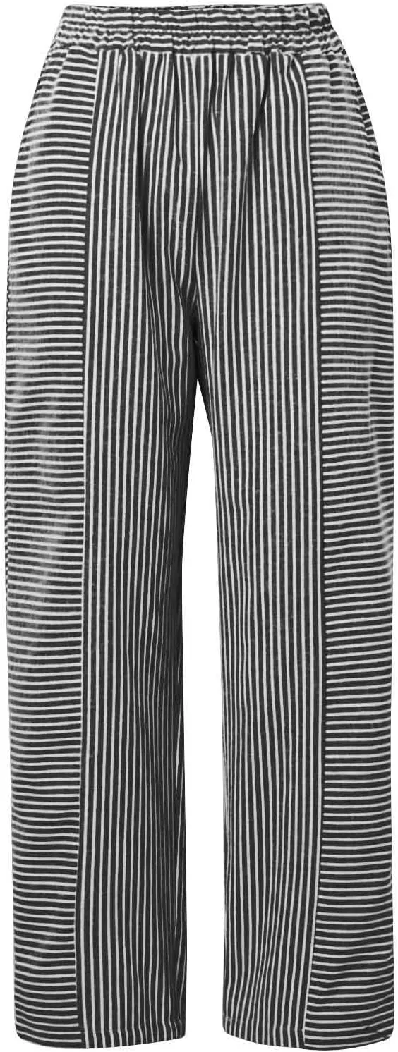 Women's Striped Patchwork Casual Pants Trendy Elastic Waist Straight-Leg Summer Pants Lightweight Comfy Loose Trousers