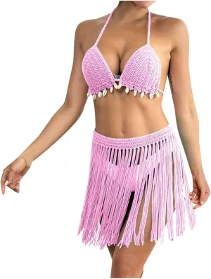 Women's Summer 2 Piece Tassel Bikini Set Beach Crochet Bathing Suit Fringe Skirt Cover Up Bottom Halter Tie Swimsuit