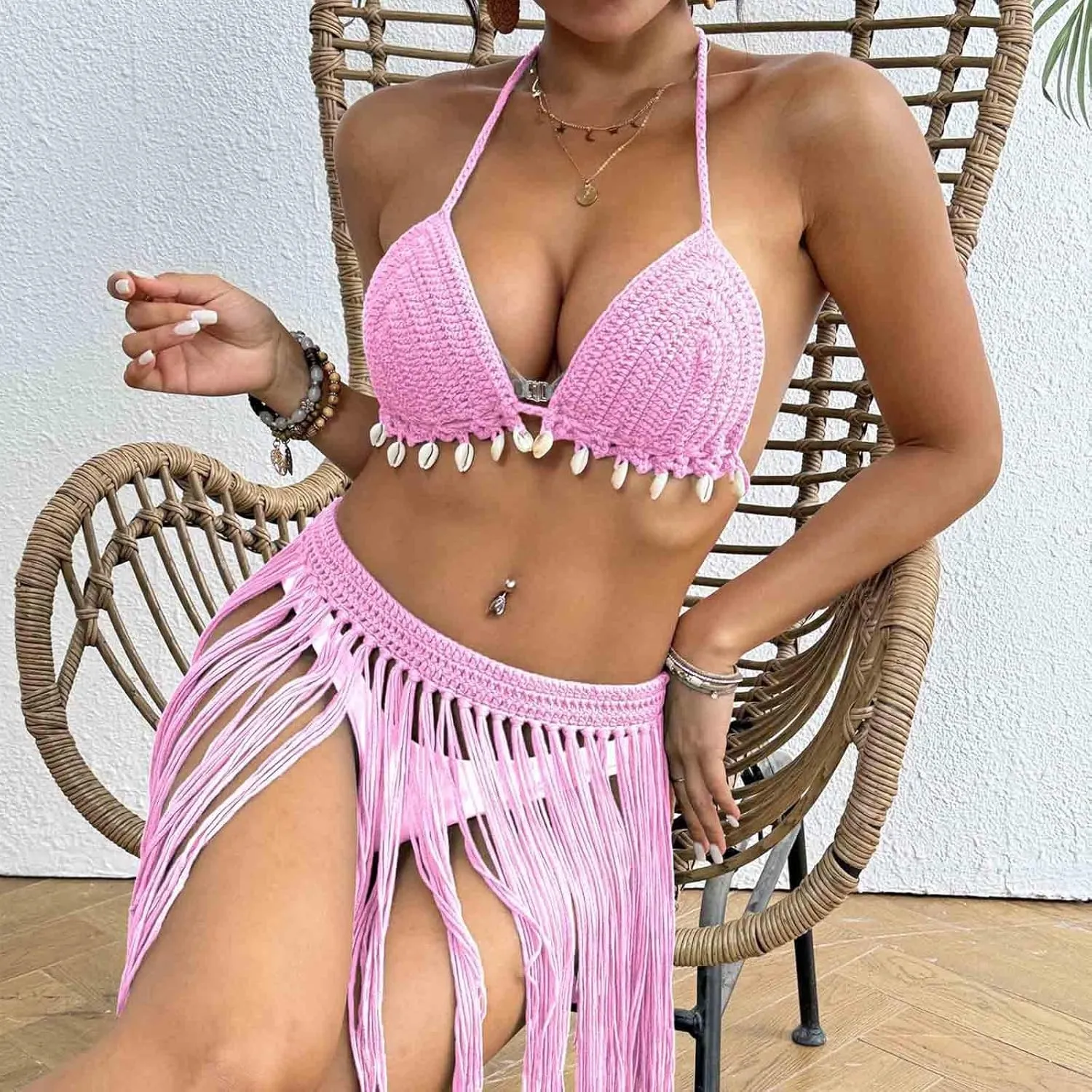 Women's Summer 2 Piece Tassel Bikini Set Beach Crochet Bathing Suit Fringe Skirt Cover Up Bottom Halter Tie Swimsuit