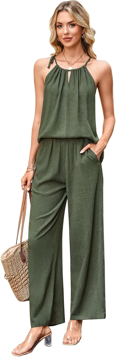 Women's Summer 2 Piece Vacation Outfits Set Cotton Linen Cutout Halter Top Wide Leg Pants Matching Sets Jumpsuits