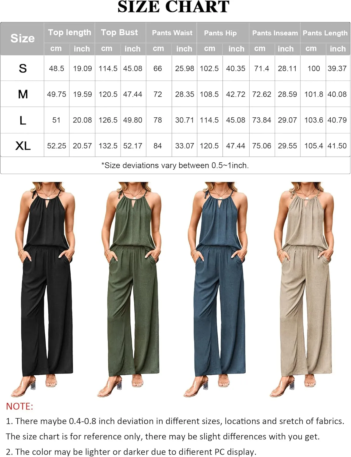 Women's Summer 2 Piece Vacation Outfits Set Cotton Linen Cutout Halter Top Wide Leg Pants Matching Sets Jumpsuits
