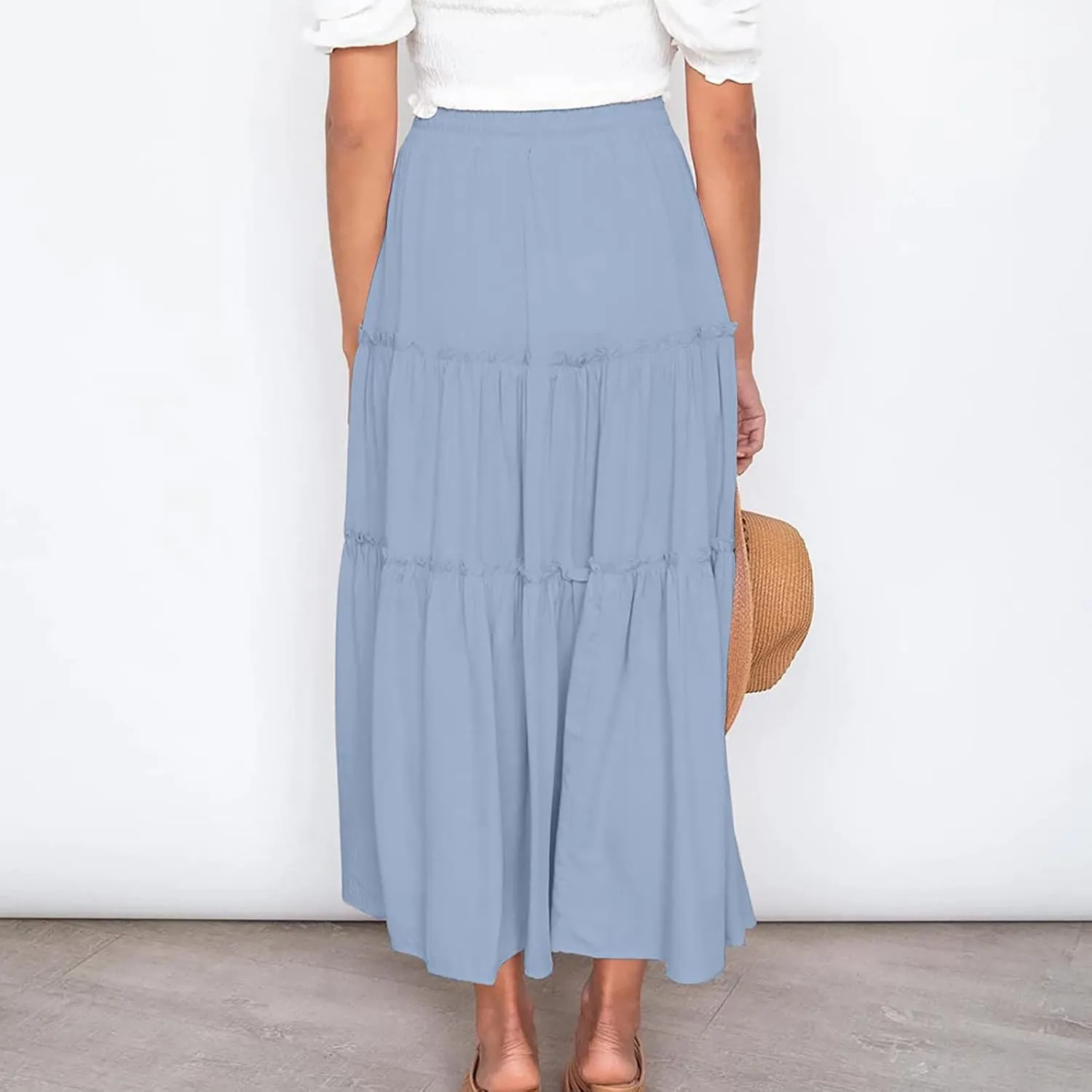 Womens Summer Beach Skirts Solid Flowy Ruffle Long Skirt Casual High Waist Maxi Skirts Bohemian Swing Half Dress