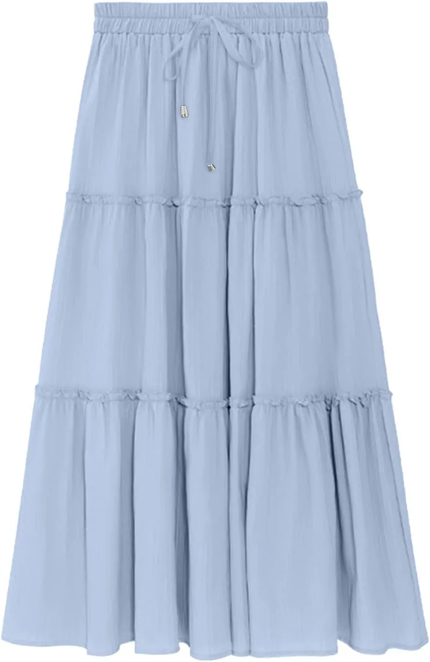 Womens Summer Beach Skirts Solid Flowy Ruffle Long Skirt Casual High Waist Maxi Skirts Bohemian Swing Half Dress