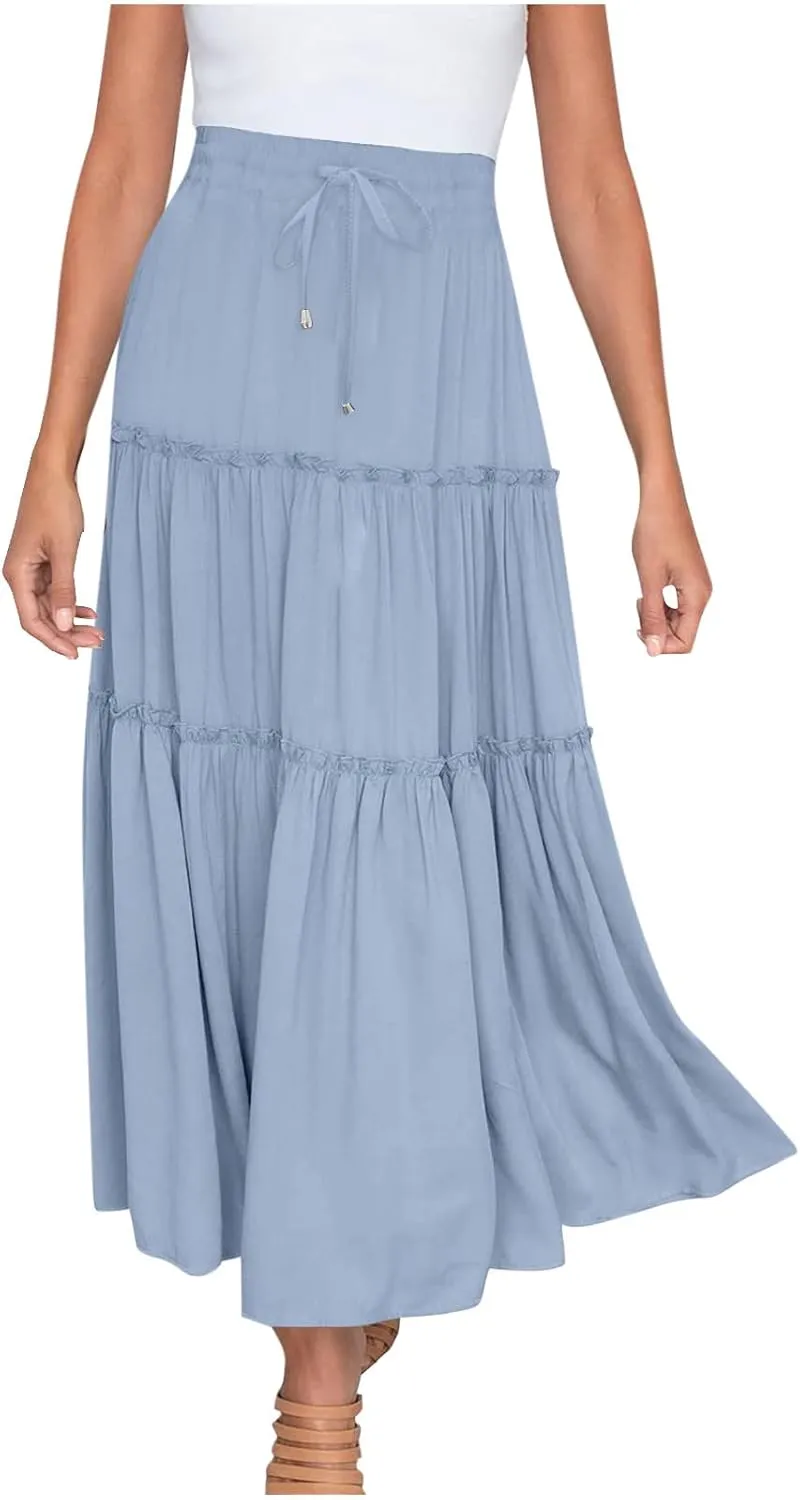 Womens Summer Beach Skirts Solid Flowy Ruffle Long Skirt Casual High Waist Maxi Skirts Bohemian Swing Half Dress