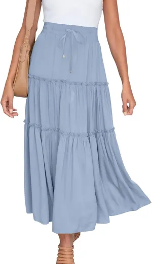 Womens Summer Beach Skirts Solid Flowy Ruffle Long Skirt Casual High Waist Maxi Skirts Bohemian Swing Half Dress