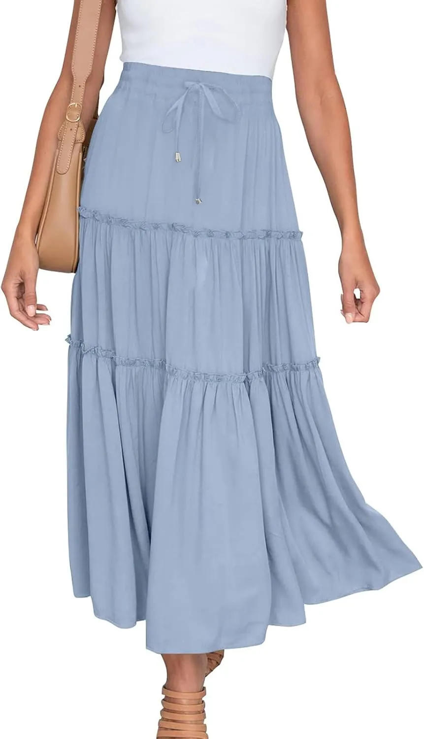 Womens Summer Beach Skirts Solid Flowy Ruffle Long Skirt Casual High Waist Maxi Skirts Bohemian Swing Half Dress