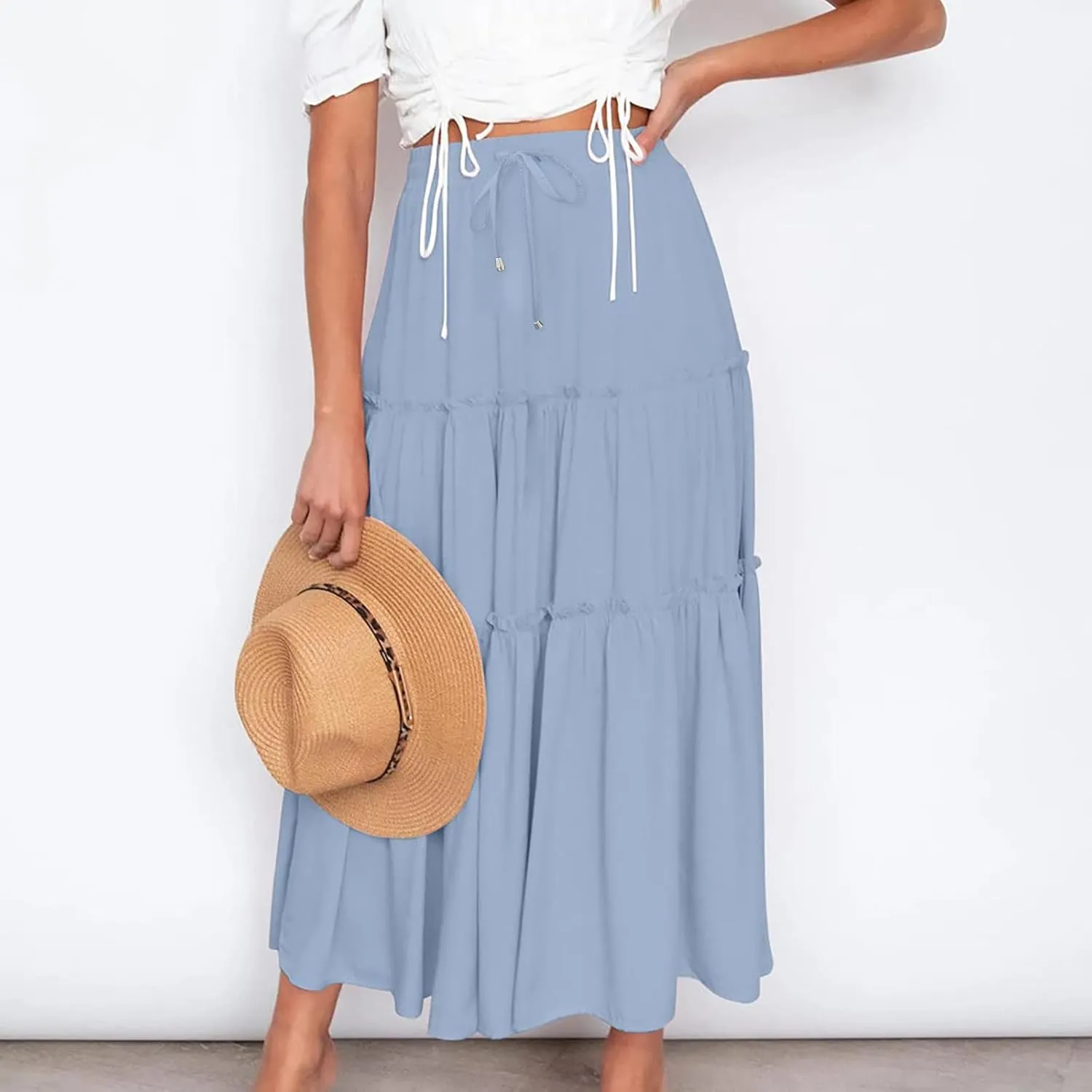 Womens Summer Beach Skirts Solid Flowy Ruffle Long Skirt Casual High Waist Maxi Skirts Bohemian Swing Half Dress