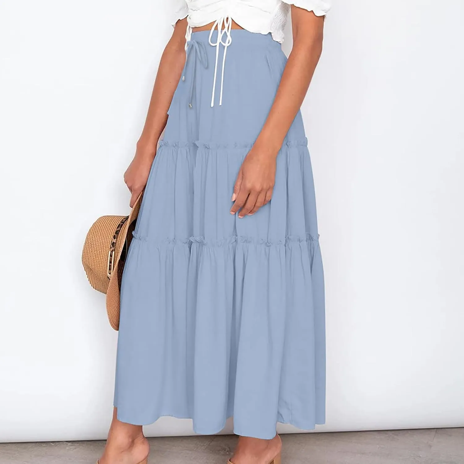 Womens Summer Beach Skirts Solid Flowy Ruffle Long Skirt Casual High Waist Maxi Skirts Bohemian Swing Half Dress