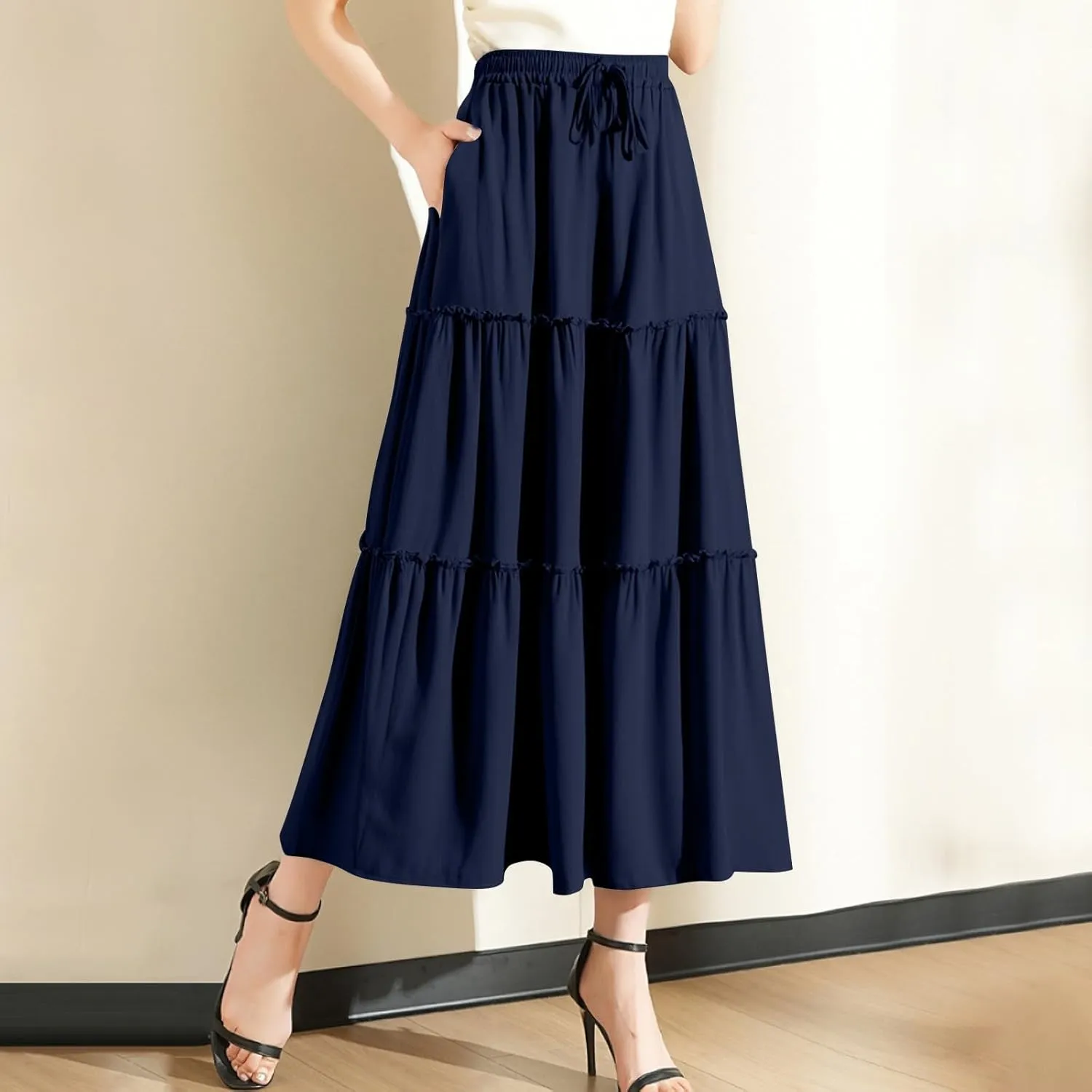 Womens Summer Boho Flowy Swing Tiered Maxi Skirt with Pocket 2025 Fashion Elastic Waist Pleated Long Beach Outfits